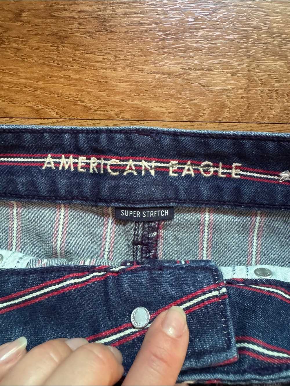 Striped Dark Blue Denim Mini Skirt with Red & White Pinstripes - Picture 3 of 5